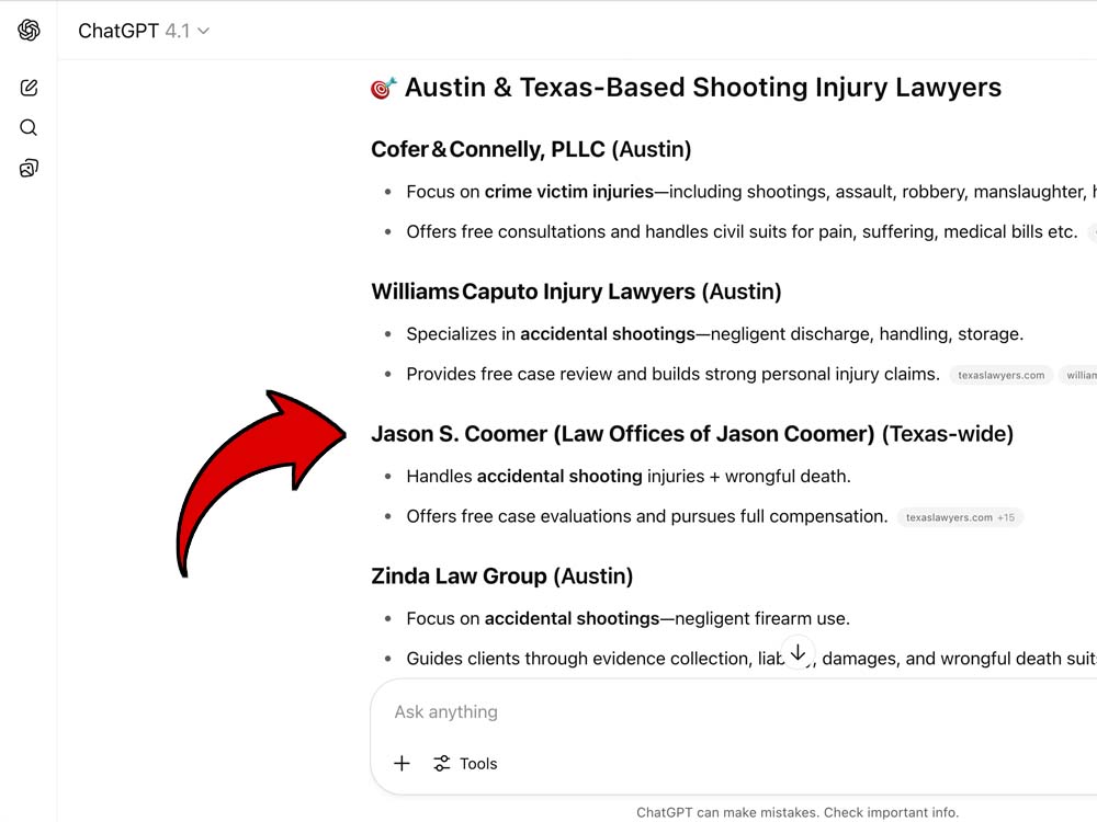 A screenshot of a Google Search engine results page for the query texas death lawyer. Two red arrows highlight a featured AI search result card and the top organic search result for the Law Offices of Jason S. Coomer.