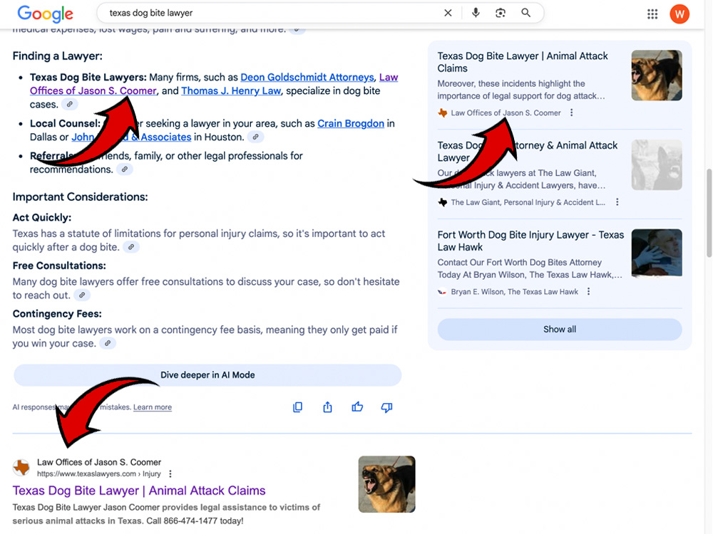 Google Search results page showing an AI Overview summary for Texas dog bite laws. Red arrows point to a featured firm mention, its citation source card, and the top-ranking organic result below the AI box.