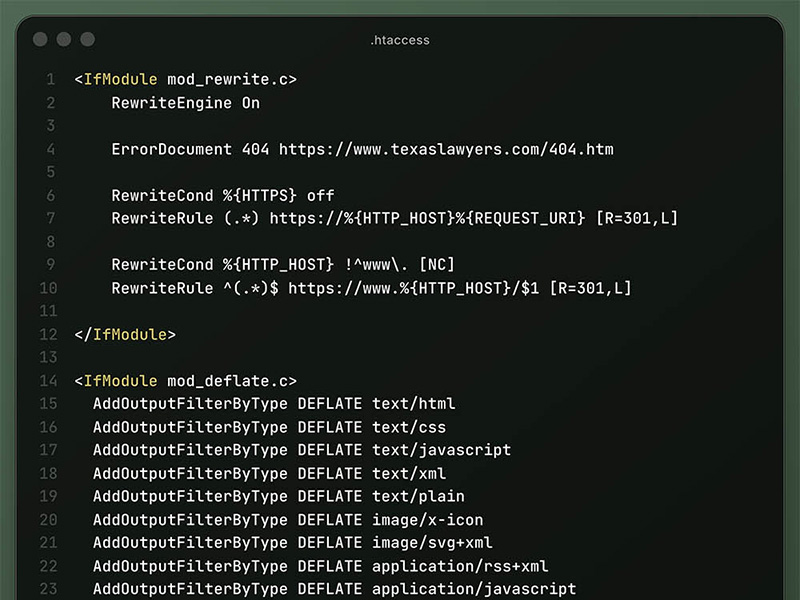 Text editor showing a .htaccess file.